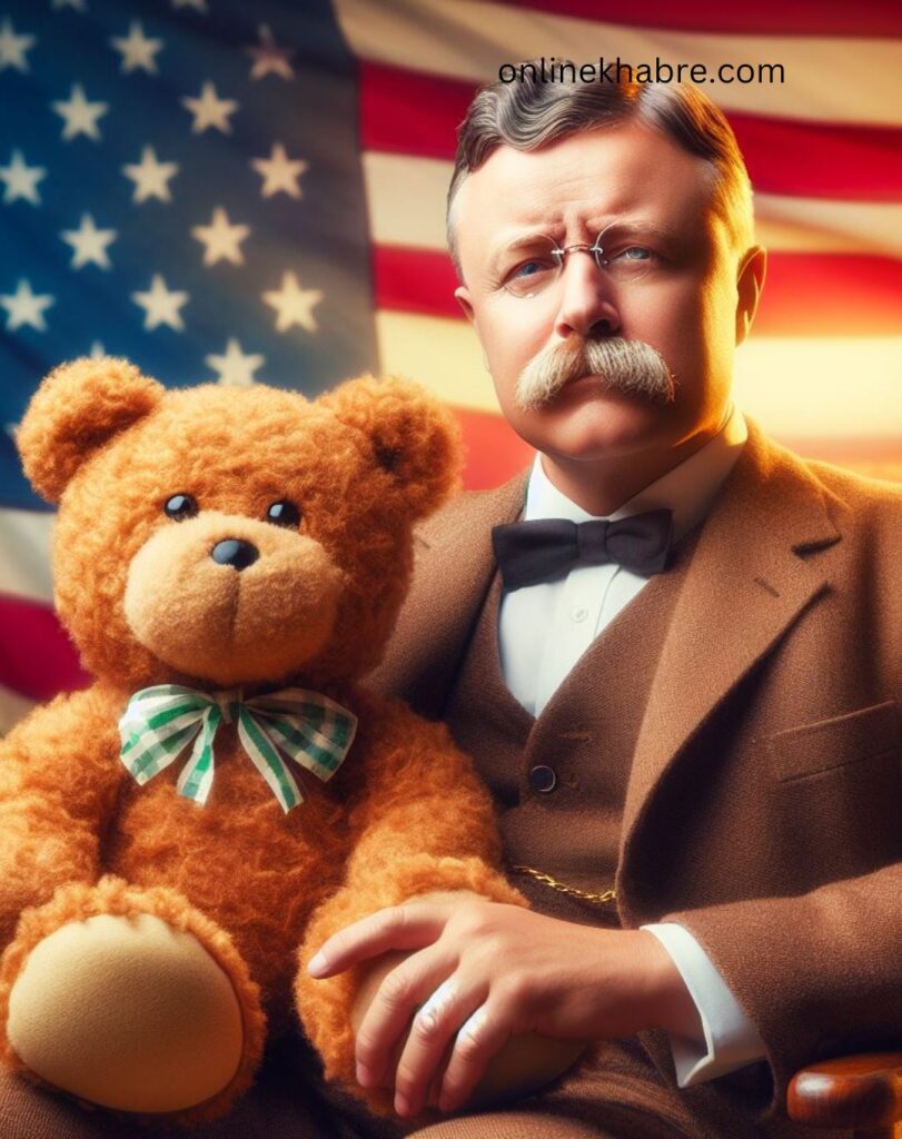 Theodore Teddy Roosevelt stiitng with teddy bear 