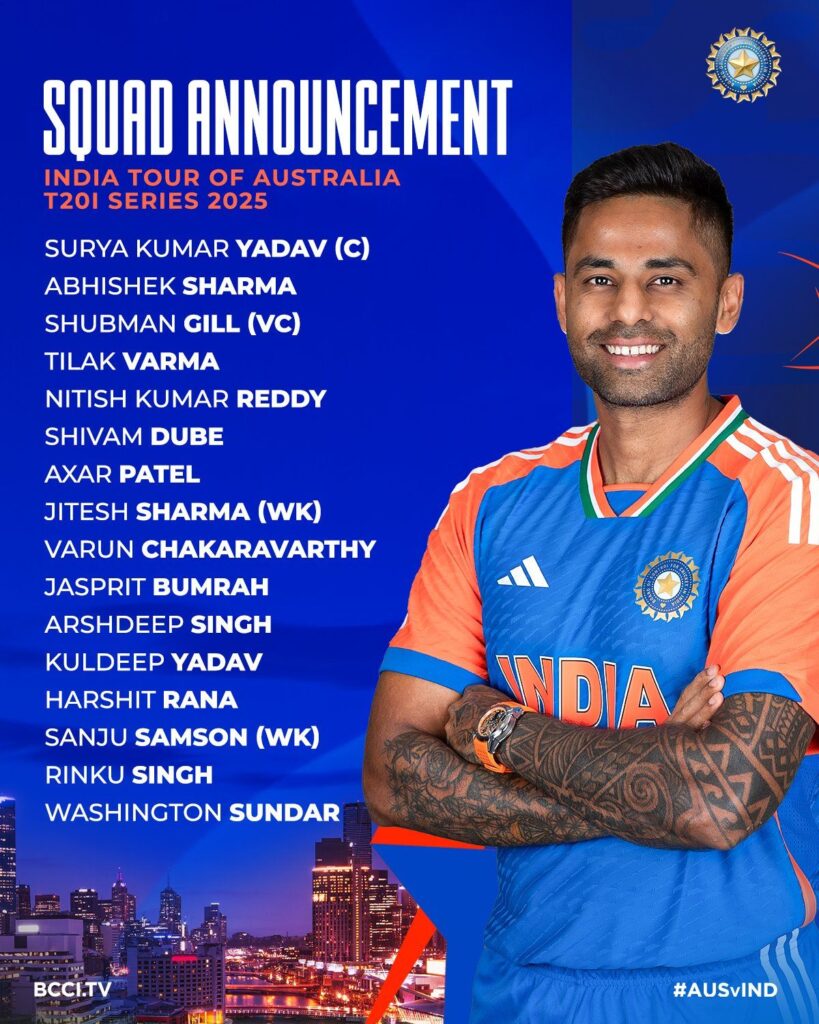 Indian T20 team squad against Australia 2025
